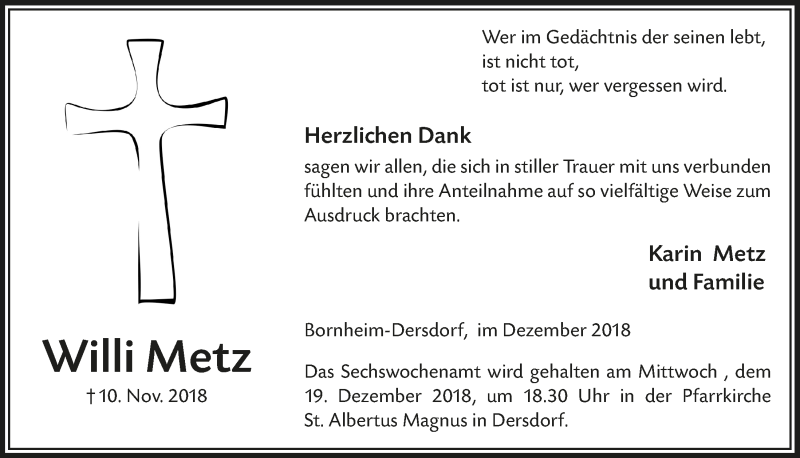  Traueranzeige für Willi Metz vom 12.12.2018 aus  Schaufenster/Blickpunkt 