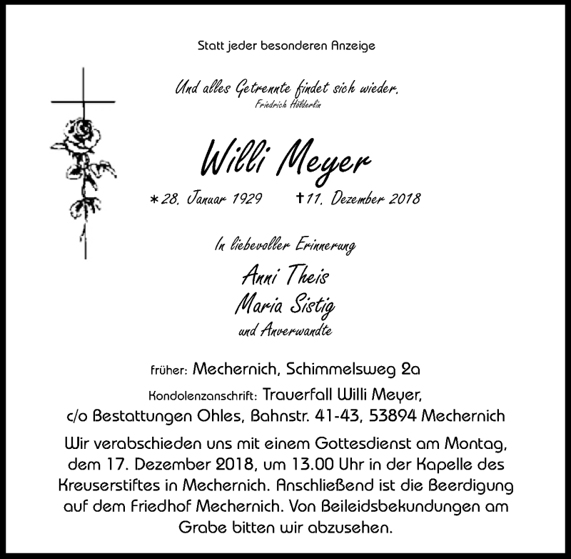  Traueranzeige für Willi Meyer vom 15.12.2018 aus  Blickpunkt Euskirchen 