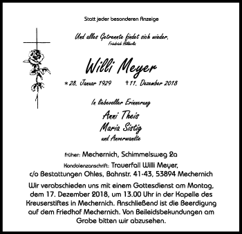 Anzeige von Willi Meyer von Kölner Stadt-Anzeiger / Kölnische Rundschau / Express