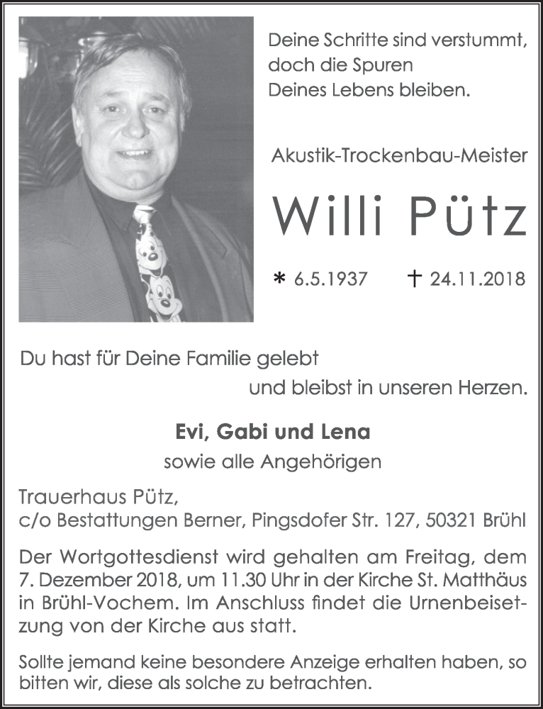  Traueranzeige für Willi Pütz vom 05.12.2018 aus  Schlossbote/Werbekurier 