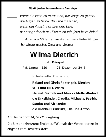 Anzeige von Wilma Dietrich von Kölner Stadt-Anzeiger / Kölnische Rundschau / Express