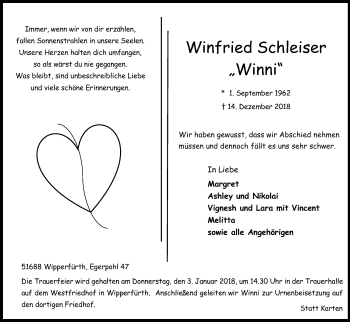 Anzeige von Winfried Schleiser von Kölner Stadt-Anzeiger / Kölnische Rundschau / Express