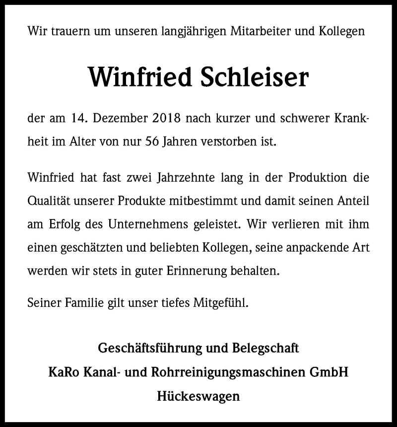  Traueranzeige für Winfried Schleiser vom 29.12.2018 aus Kölner Stadt-Anzeiger / Kölnische Rundschau / Express