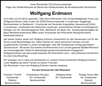 Anzeige von Wolfgang Erdmann von Kölner Stadt-Anzeiger / Kölnische Rundschau / Express
