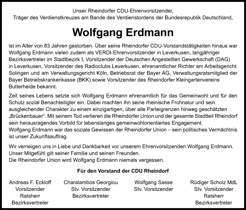  Traueranzeige für Wolfgang Erdmann vom 05.12.2018 aus Kölner Stadt-Anzeiger / Kölnische Rundschau / Express
