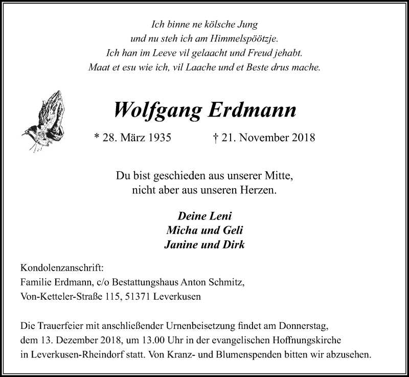  Traueranzeige für Wolfgang Erdmann vom 05.12.2018 aus Kölner Stadt-Anzeiger / Kölnische Rundschau / Express