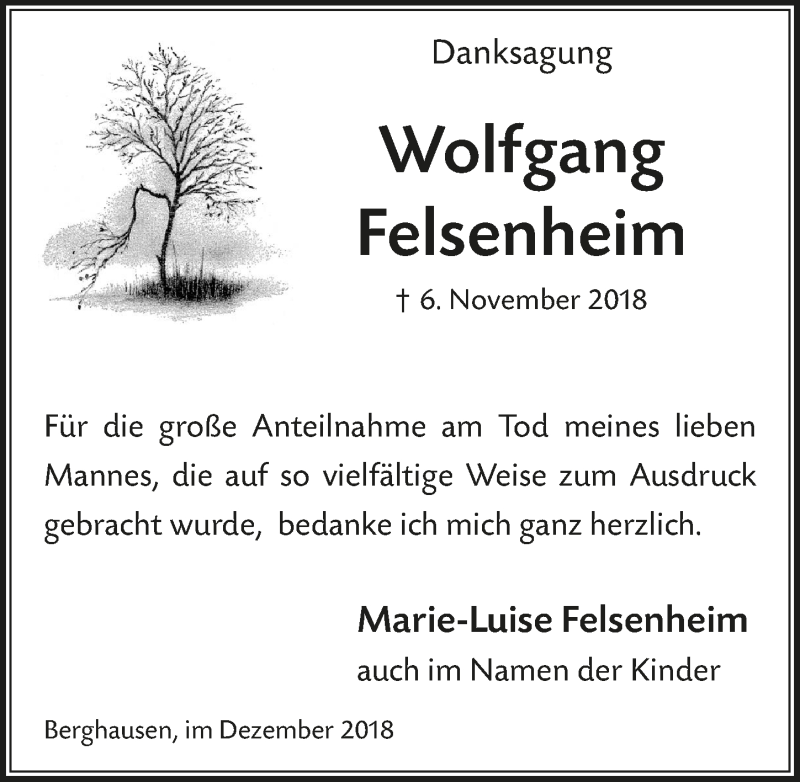  Traueranzeige für Wolfgang Felsenheim vom 12.12.2018 aus  Anzeigen Echo 