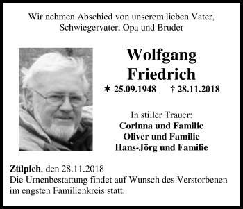 Anzeige von Wolfgang Friedrich von Kölner Stadt-Anzeiger / Kölnische Rundschau / Express