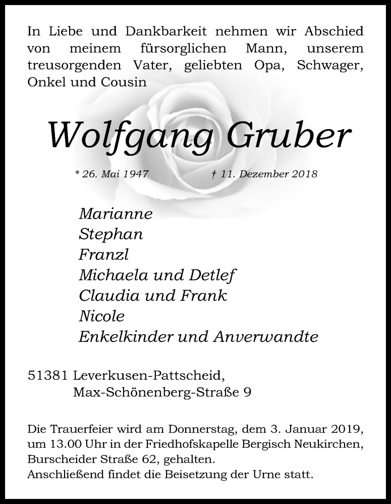  Traueranzeige für Wolfgang Gruber vom 19.12.2018 aus Kölner Stadt-Anzeiger / Kölnische Rundschau / Express