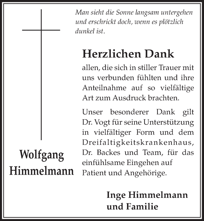  Traueranzeige für Wolfgang Himmelmann vom 05.12.2018 aus  Schlossbote/Werbekurier 