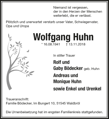 Anzeige von Wolfgang Huhn von  Lokalanzeiger 