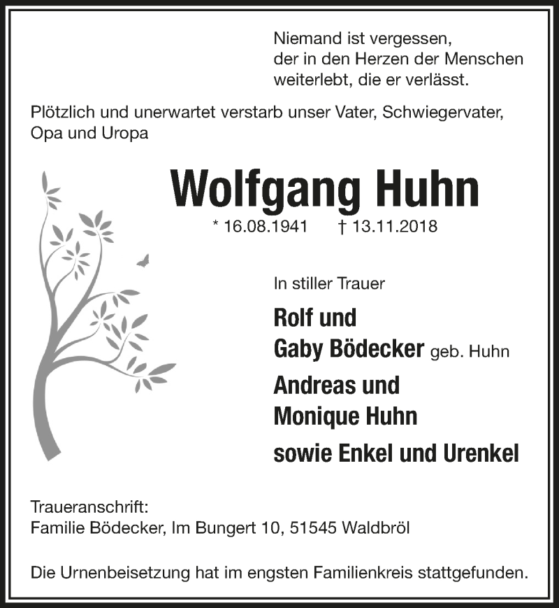  Traueranzeige für Wolfgang Huhn vom 05.12.2018 aus  Lokalanzeiger 