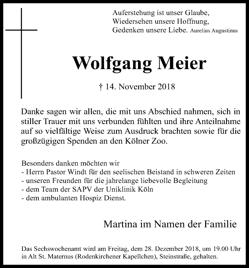  Traueranzeige für Wolfgang Meier vom 15.12.2018 aus Kölner Stadt-Anzeiger / Kölnische Rundschau / Express