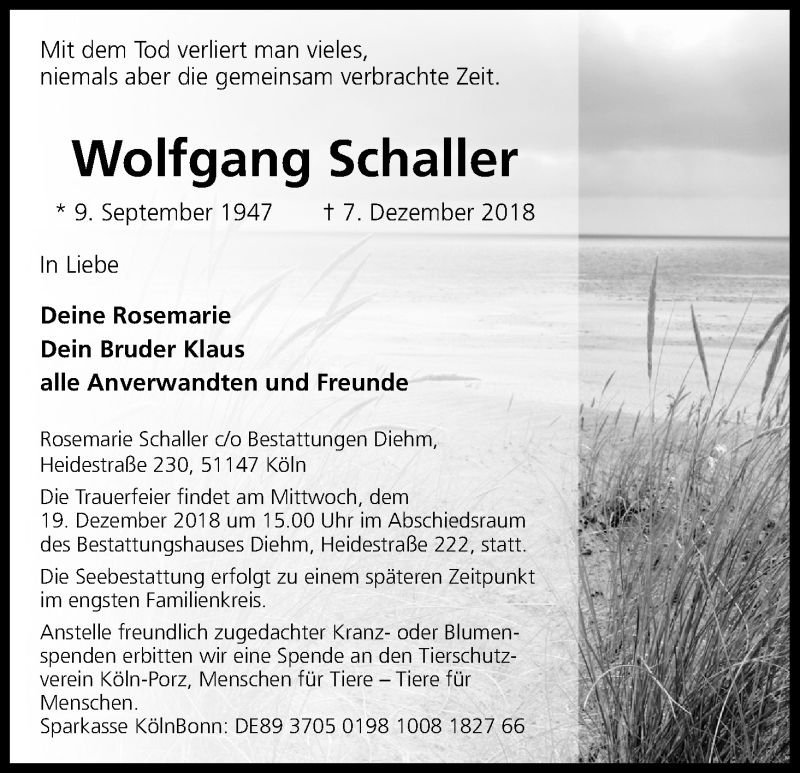  Traueranzeige für Wolfgang Schaller vom 15.12.2018 aus Kölner Stadt-Anzeiger / Kölnische Rundschau / Express