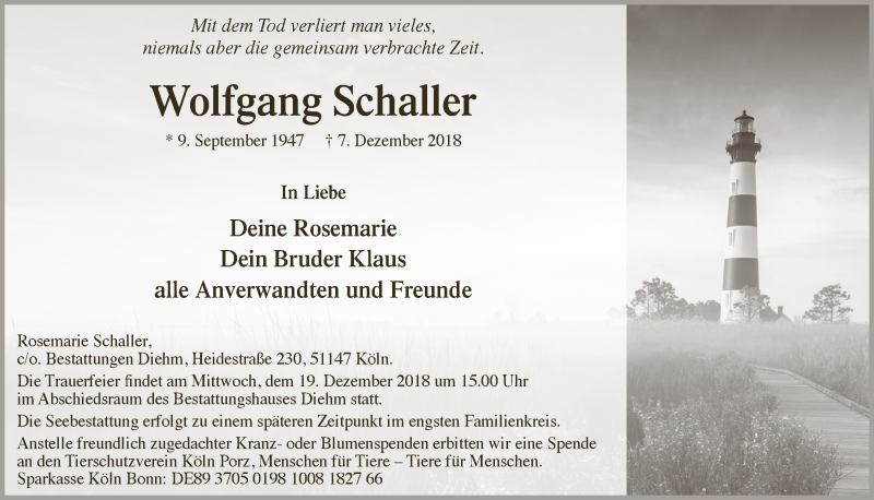  Traueranzeige für Wolfgang Schaller vom 15.12.2018 aus 
