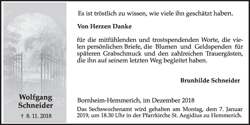  Traueranzeige für Wolfgang Schneider vom 27.12.2018 aus  Schlossbote/Werbekurier 