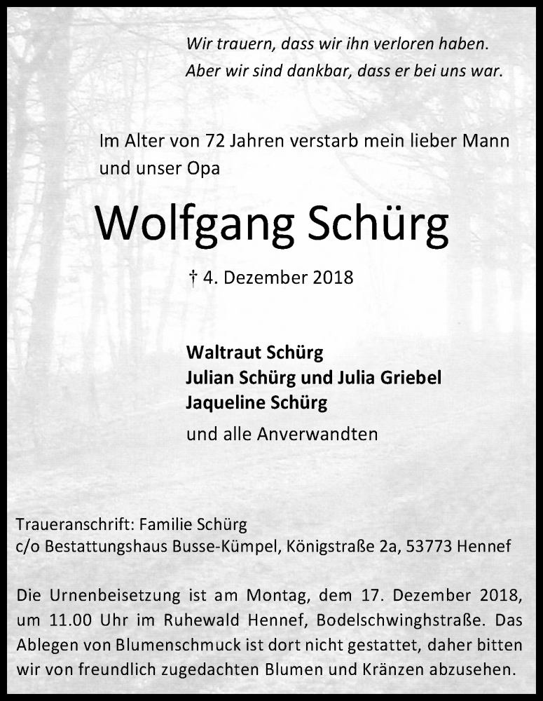  Traueranzeige für Wolfgang Schürg vom 13.12.2018 aus Kölner Stadt-Anzeiger / Kölnische Rundschau / Express