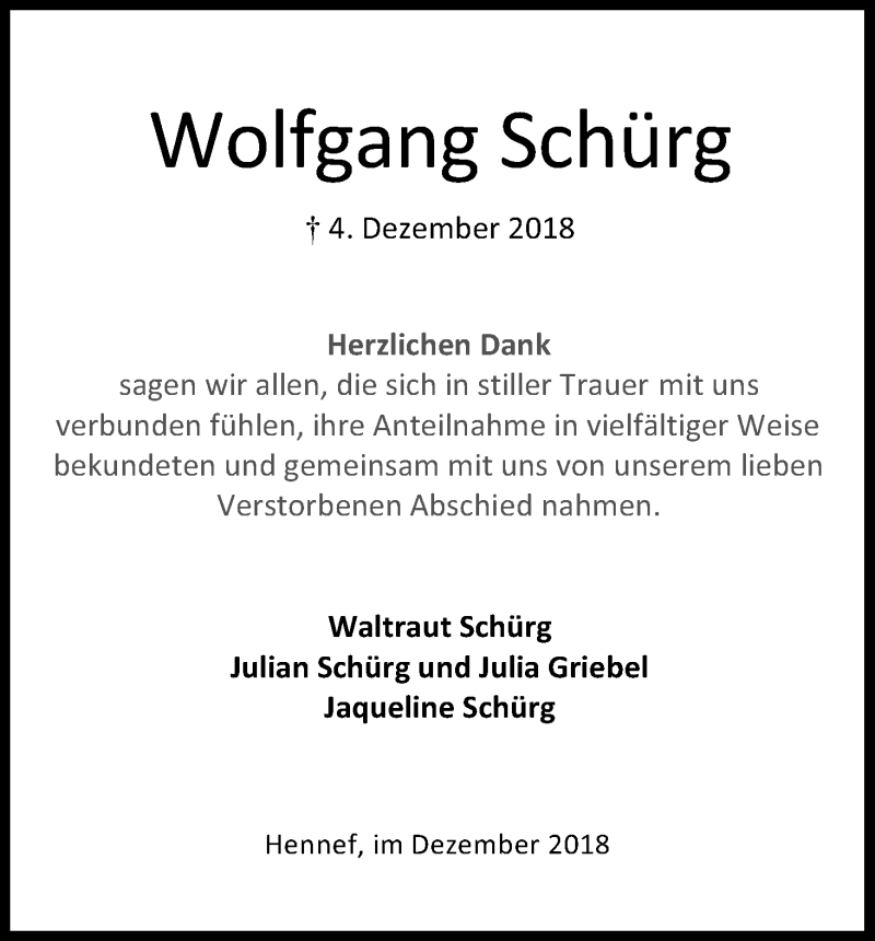  Traueranzeige für Wolfgang Schürg vom 29.12.2018 aus Kölner Stadt-Anzeiger / Kölnische Rundschau / Express