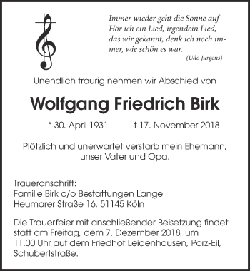 Anzeige von Wolfgang Friedrich Birk von  Kölner Wochenspiegel 