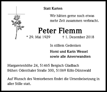 Anzeige von Peter  Flemm von Kölner Stadt-Anzeiger / Kölnische Rundschau / Express