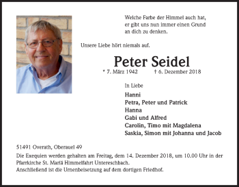 Anzeige von Peter Seidel von Kölner Stadt-Anzeiger / Kölnische Rundschau / Express