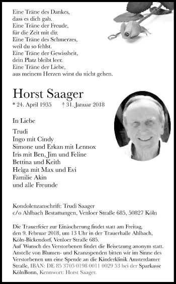 Anzeige von Horst Saager von Kölner Stadt-Anzeiger / Kölnische Rundschau / Express