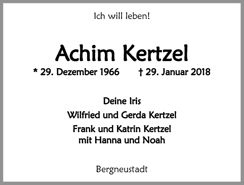 Traueranzeige für Achim Kertzel vom 07.02.2018 aus  Anzeigen Echo 