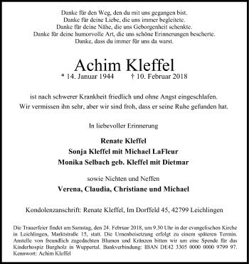 Anzeige von Achim Kleffel von Kölner Stadt-Anzeiger / Kölnische Rundschau / Express