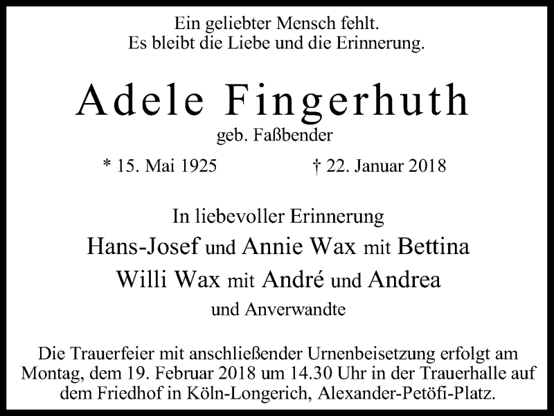  Traueranzeige für Adele Fingerhut vom 15.02.2018 aus Kölner Stadt-Anzeiger / Kölnische Rundschau / Express