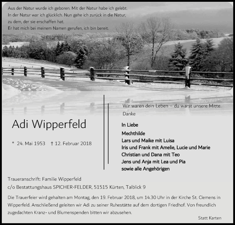  Traueranzeige für Adi Wipperfeld vom 15.02.2018 aus Kölner Stadt-Anzeiger / Kölnische Rundschau / Express