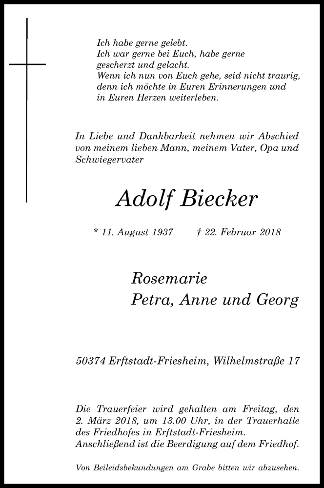  Traueranzeige für Adolf Biecker vom 28.02.2018 aus Kölner Stadt-Anzeiger / Kölnische Rundschau / Express