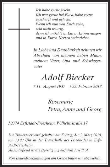 Anzeige von Adolf Biecker von  Werbepost 