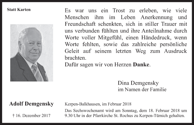  Traueranzeige für Adolf Demgensky vom 14.02.2018 aus  Werbepost 