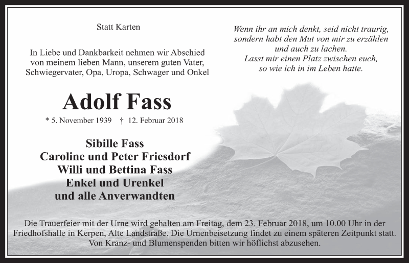  Traueranzeige für Adolf Fass vom 21.02.2018 aus  Werbepost 