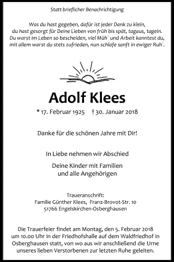 Anzeige von Adolf Klees von Kölner Stadt-Anzeiger / Kölnische Rundschau / Express