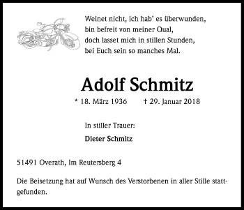 Anzeige von Adolf Schmitz von Kölner Stadt-Anzeiger / Kölnische Rundschau / Express