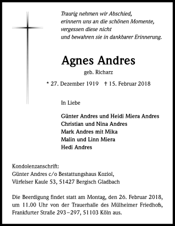 Anzeige von Agnes Andres von Kölner Stadt-Anzeiger / Kölnische Rundschau / Express