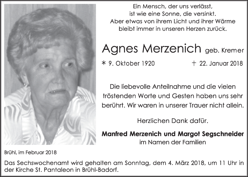  Traueranzeige für Agnes Merzenich vom 21.02.2018 aus  Schlossbote/Werbekurier 