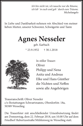 Anzeige von Agnes Nesseler von  Schlossbote/Werbekurier 