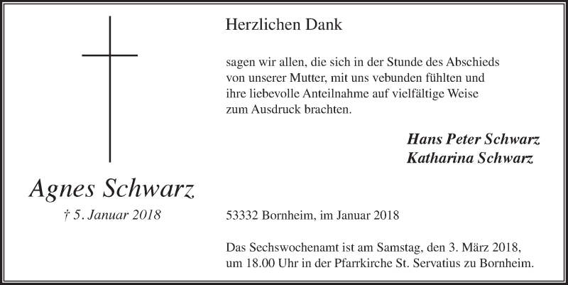  Traueranzeige für Agnes Schwarz vom 21.02.2018 aus  Schaufenster/Blickpunkt 