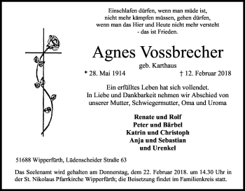 Anzeige von Agnes Vossbrecher von Kölner Stadt-Anzeiger / Kölnische Rundschau / Express