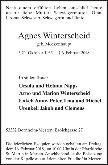 Anzeige von Agnes Winterscheid von  Schlossbote/Werbekurier 