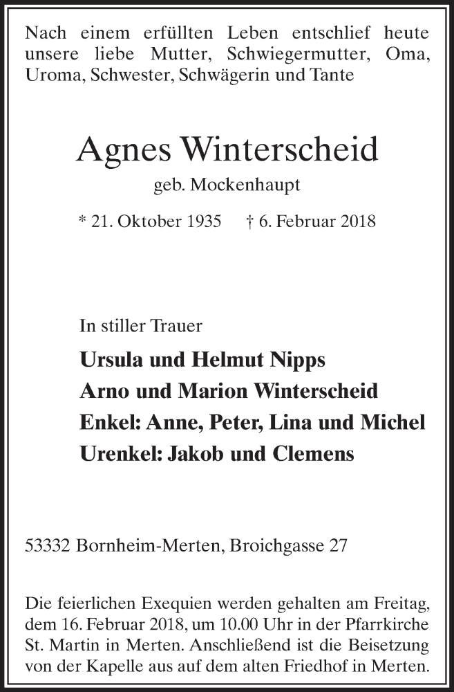  Traueranzeige für Agnes Winterscheid vom 14.02.2018 aus  Schlossbote/Werbekurier 