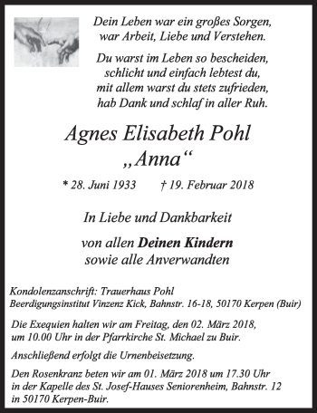 Anzeige von Agnes Elisabeth Pohl von  Sonntags-Post 