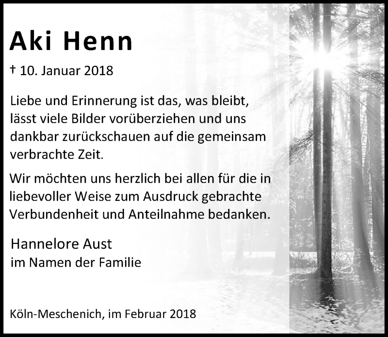  Traueranzeige für Aki Henn vom 07.02.2018 aus  Schlossbote/Werbekurier 
