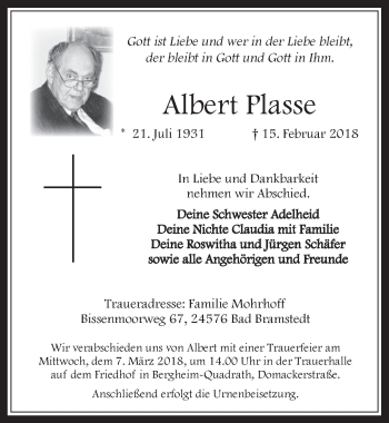 Anzeige von Albert Plasse von  Werbepost 