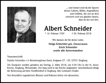 Anzeige von Albert Schneider von Kölner Stadt-Anzeiger / Kölnische Rundschau / Express