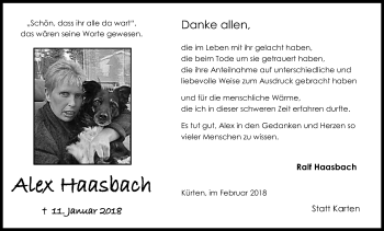 Anzeige von Alex Hassbach von Kölner Stadt-Anzeiger / Kölnische Rundschau / Express
