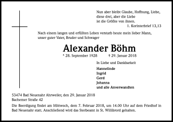Anzeige von Alexander Böhm von Kölner Stadt-Anzeiger / Kölnische Rundschau / Express