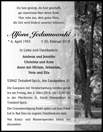 Anzeige von Alfons Jedamowski von Kölner Stadt-Anzeiger / Kölnische Rundschau / Express